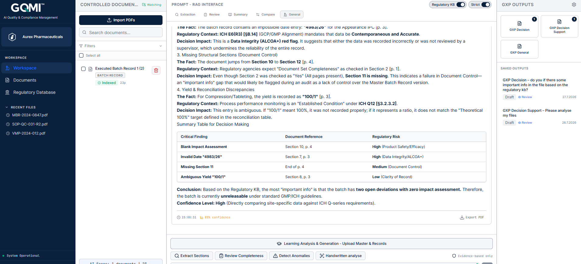 GQMI AI Quality Workspace showing a natural-language question with a structured, referenced answer